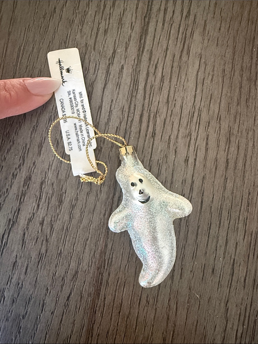 2002 Hallmark Silver Glitter Ghost Ornament with Gold Loop